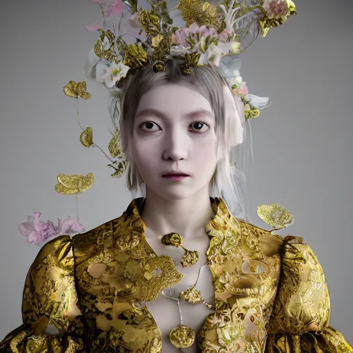 Image similar to 8k, octane render, realism, tonalism, renaissance, rococo, baroque, portrait of a young lady wearing long harajuku manga dress with flowers and skulls, background chaotic gold leaf flowers