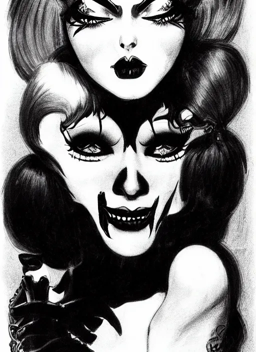 Image similar to portrait of a goth girl burlesque psychobilly punk, detailed face, white background, drawing, 4 k, illustration by frank frazetta