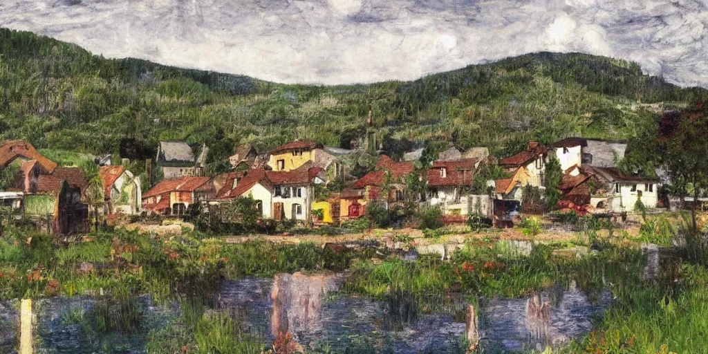 Image similar to beautiful village by the river landscape styled by peter doig, photo realistic