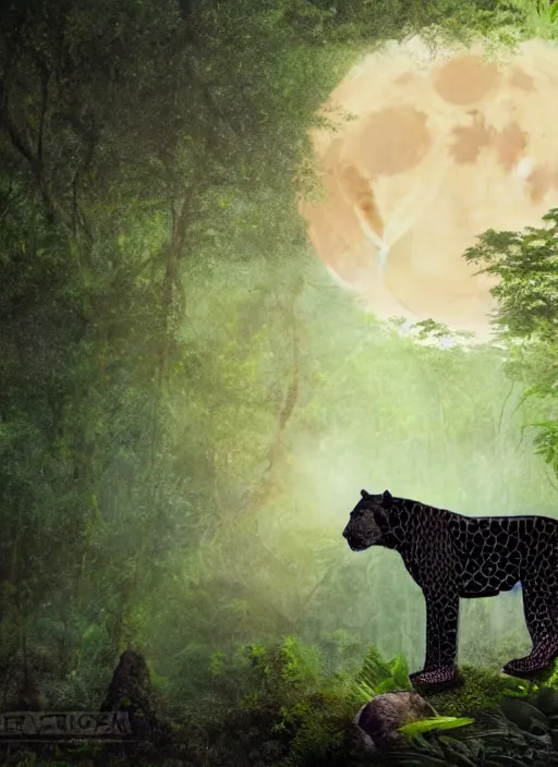 Prompt: a beautiful matte painting of a black jaguar walking in the jungle at night, facing front, with full moon in the sky, ayahuasca