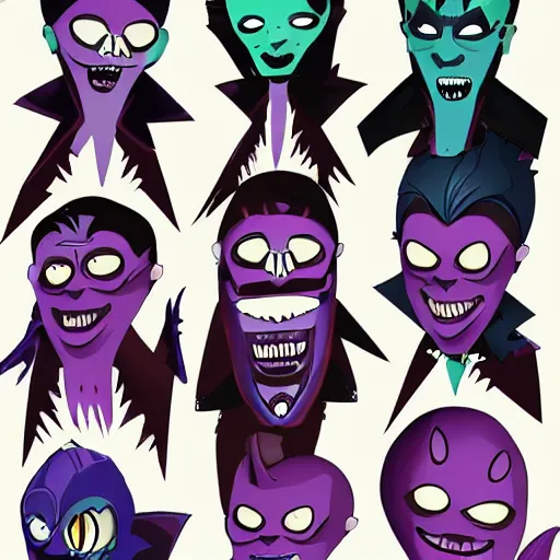 Image similar to psychic punk rocker vampiric electrifying rockstar with vampire squid head concept character designs of various shapes and sizes by genndy tartakovsky and splatoon by nintendo and the psychonauts franchise by doublefine tim shafer artists as well as the artist for the haunted mansion ride characters for the new hotel transylvania film