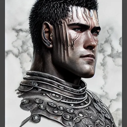 Image similar to photorealistic intricate detail portrait of guts from berserk extremely detailed, made by wlop and maxwell boas