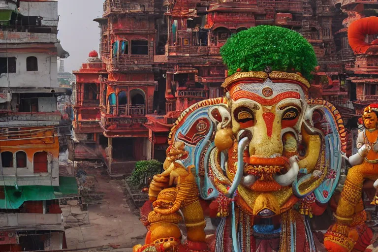 Prompt: hyperrealistic dreamscape! mumbai with biomorphic hanuman!! head building, kalighat, octane highly detailed, cinematic smooth, stephen shore & john j. park, soft morning light, wide shot, high angle, uhd 8 k, deep focus