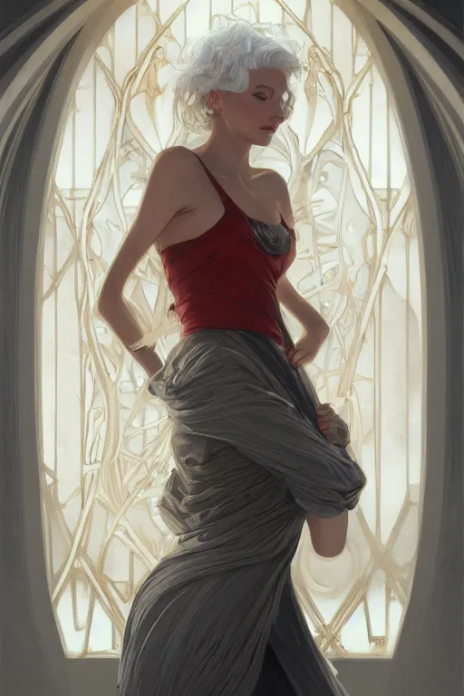 Image similar to a girl wearing a golden dress, grey hair, red necktie, cinematic, stunning, highly detailed, digital painting, artstation, smooth, hard focus, full body shot, illustration, art by artgerm and greg rutkowski and alphonse mucha