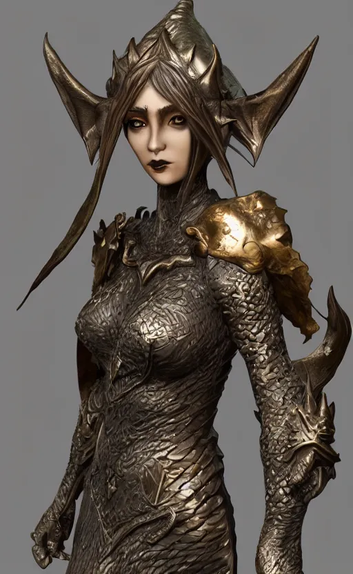 Image similar to Gothic elf princess in dragon armor, bronze statue, unreal engine, high detailed