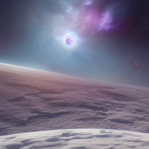 Prompt: Ice-covered planet with a quiet, deep, rose-colored nebula in the background, a medieval dirigible passing through the starry sky, matte painting, digital 2D, 4k, 8k renders, concept art