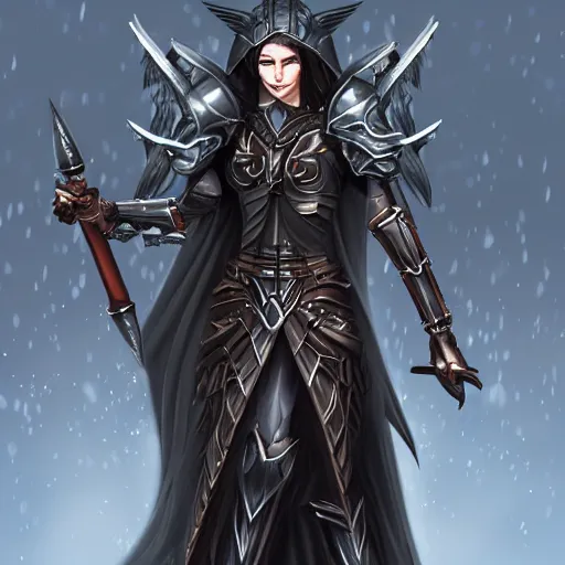 Prompt: female half-elf paladin of the raven queen in black armor with a shield, black hair, clear face, dark eyes, digital illustration