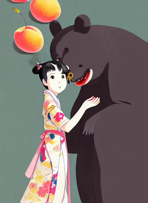 Prompt: a girl wearing a kimono gives a peach to a large anthropomorphic asian black bear, featured in artstation, artgerm, award winning, cinematic, elegant, intricate, 8 k, in the style of hayao miyazaki and masashi ando and timothy kong and laia lopez and viorie,