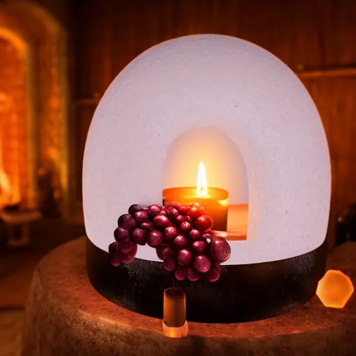 Image similar to wine bottle in candle - lit cool luxury igloo, highly detailed, concept art, realistic, octane render, unreal engine, up close shot