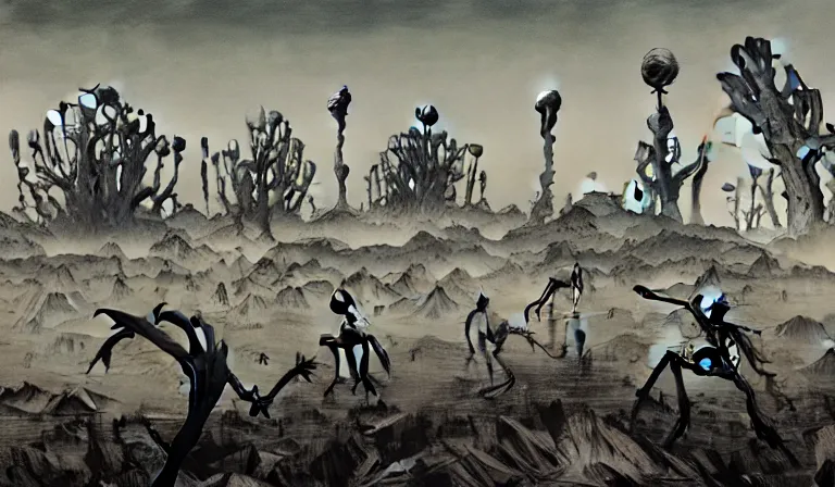 Prompt: still frame from Prometheus by Yves Tanguy and utagawa kuniyoshi, Wast hell plains with resurecting bio cyborgs in style of Jakub rozalski and Simon Stalenhag with character designs by Neri Oxman, metal couture haute couture editorial