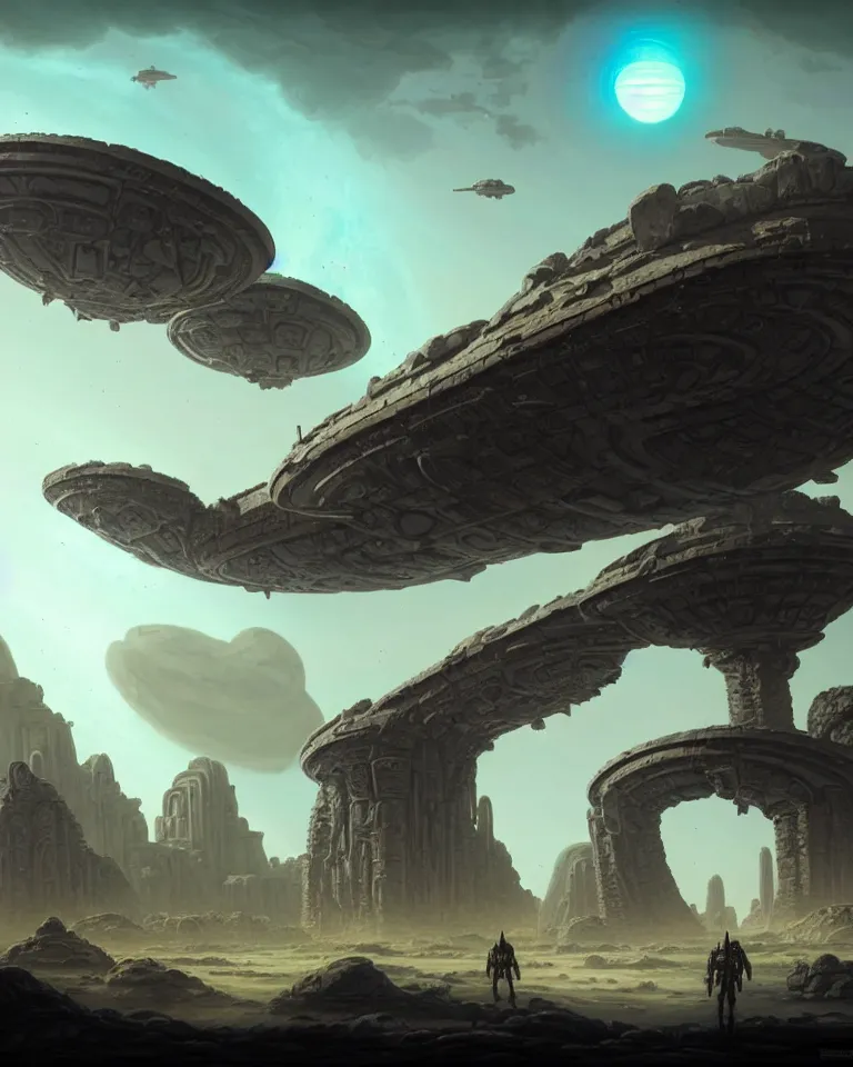 Prompt: large alien spacecraft hovering in the sky an a wasteland alien exoplanet and ancient ruins in background and alien planet with craters and large stone structures by bruce brenneise and peter mohrbacher, hyperrealistic very detailed landscape concept art, 3 d render, neosurrealism. digital concept art, pixel art, rendered in octane, trending on cgsociety, trending on artstation