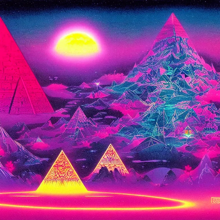 Image similar to mysterious ufo hovers over mythical crystal pyramid, fractal waves, pink ringed moon, bright neon colors, highly detailed, cinematic, eyvind earle, tim white, philippe druillet, roger dean, ernst haeckel, lisa frank, aubrey beardsley