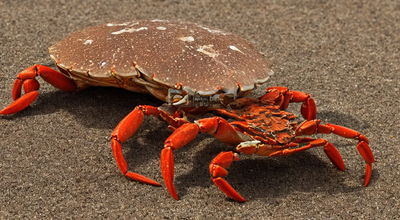 Image similar to a realistic image of a crab with a hat on it's head, ultra high detail, the crab is on sand on a beach with ocean in the background, 8 k.