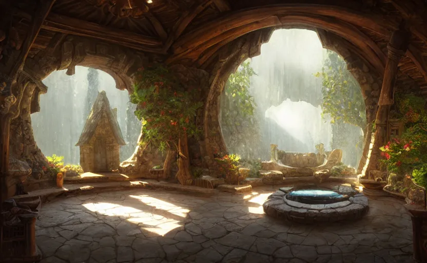Prompt: painting of an interior of a hidden circular complex carved inside a mountain living quarters overlooking the great room, small hot spring and lush garden outside, other bedrooms can be seen, natural light, fantasy, natural light, concept art, by greg rutkowski and craig mullins, cozy atmospheric and cinematic lighting, trending on artstation
