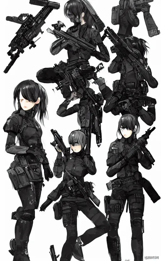 Prompt: highly detailed, high resolution, character design art, stunning, volumetric lightning, realistic guns, girls frontline style, matte, sharp focus, intricate, 150mm, illustration, artstation, by sui ishida, realistic human anatomy, simple design, realistic military gear, metal gear style