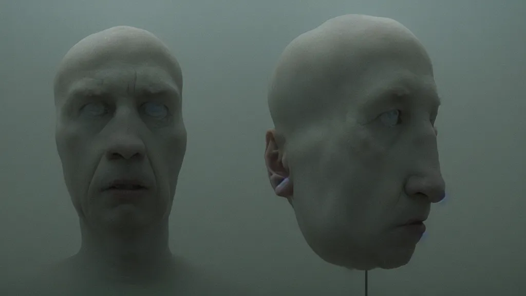 Image similar to the giant human head made of wax, film still from the movie directed by Denis Villeneuve with art direction by Zdzisław Beksiński, wide lens