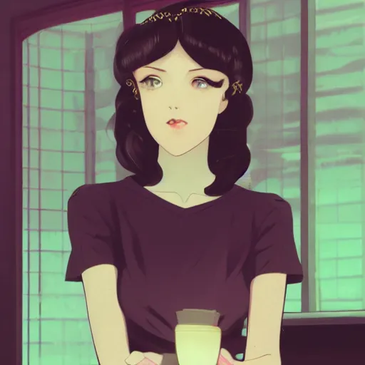 Image similar to portrait of beautiful girl with dark hair dressed in 1920's style, sitting in cafe alone, nighttime, low-key neon lighting, 4k, HQ, official media, anime key visual, makoto shinkai, ilya kuvshinov, lois van baarle, rossdraws, detailed, trending on artstation