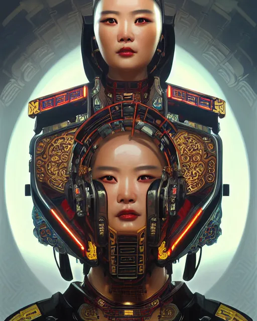 Image similar to portrait of a chinese cyberpunk machine, machine face, robed, upper half portrait, decorated with chinese opera motifs regal asian machine robot cyberpunk fine china, wuxia, traditional chinese art intricate intense elegant highly detailed digital painting artstation concept art smooth sharp focus illustration, art by artgerm and greg rutkowski alphonse mucha 8 k