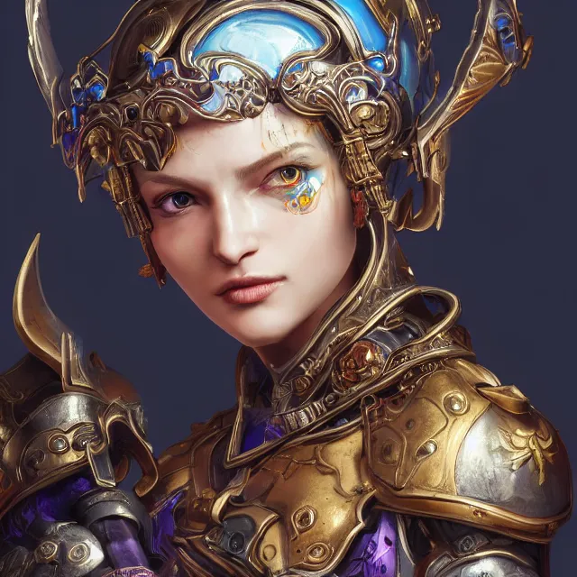 Image similar to studio portrait of lawful good colorful female holy mech paladin as absurdly beautiful, elegant, young sensual pretty woman, ultrafine hyperrealistic detailed face illustration by kim jung gi, irakli nadar, intricate linework, sharp focus, bright colors, matte, octopath traveler, final fantasy, unreal engine highly rendered, global illumination, radiant light, intricate environment