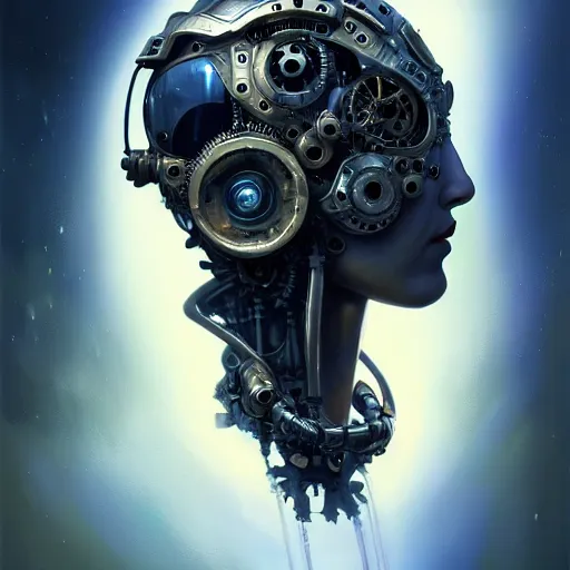 Image similar to the beautiful robotic pilot, surreal, fantasy, intricate, mechanical, elegant, dramatic, piloting a fighter jet, highly detailed, gears, lifelike, photorealistic, digital painting, painterly, artstation, concept art, smooth, head in focus, sharp focus, background aerial battle, illustration, art by John Collier and Krenz Cushart and Artem Demura and Alphonse Mucha and Albert Aublet,
