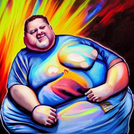 Prompt: A vibrant painting with dramatic lighting of a morbidly obese Mark Zuckerberg holding an assault rifle