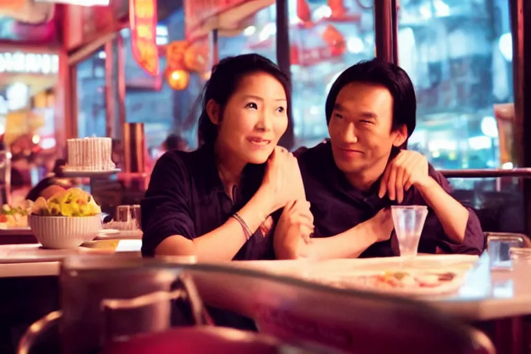 Image similar to VFX movie interior closeup beautiful Asian couple closeup sitting at 50s diner, night in the city, by Emmanuel Lubezki