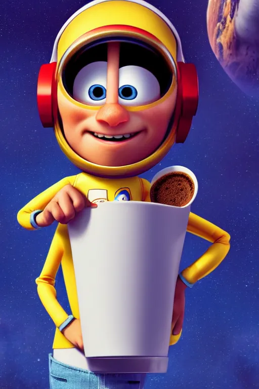 Image similar to portrait of a astronaut holding a cup of coffee with the space in background, full body. pixar disney 4 k 3 d render funny animation movie oscar winning trending on artstation and behance, ratatouille style