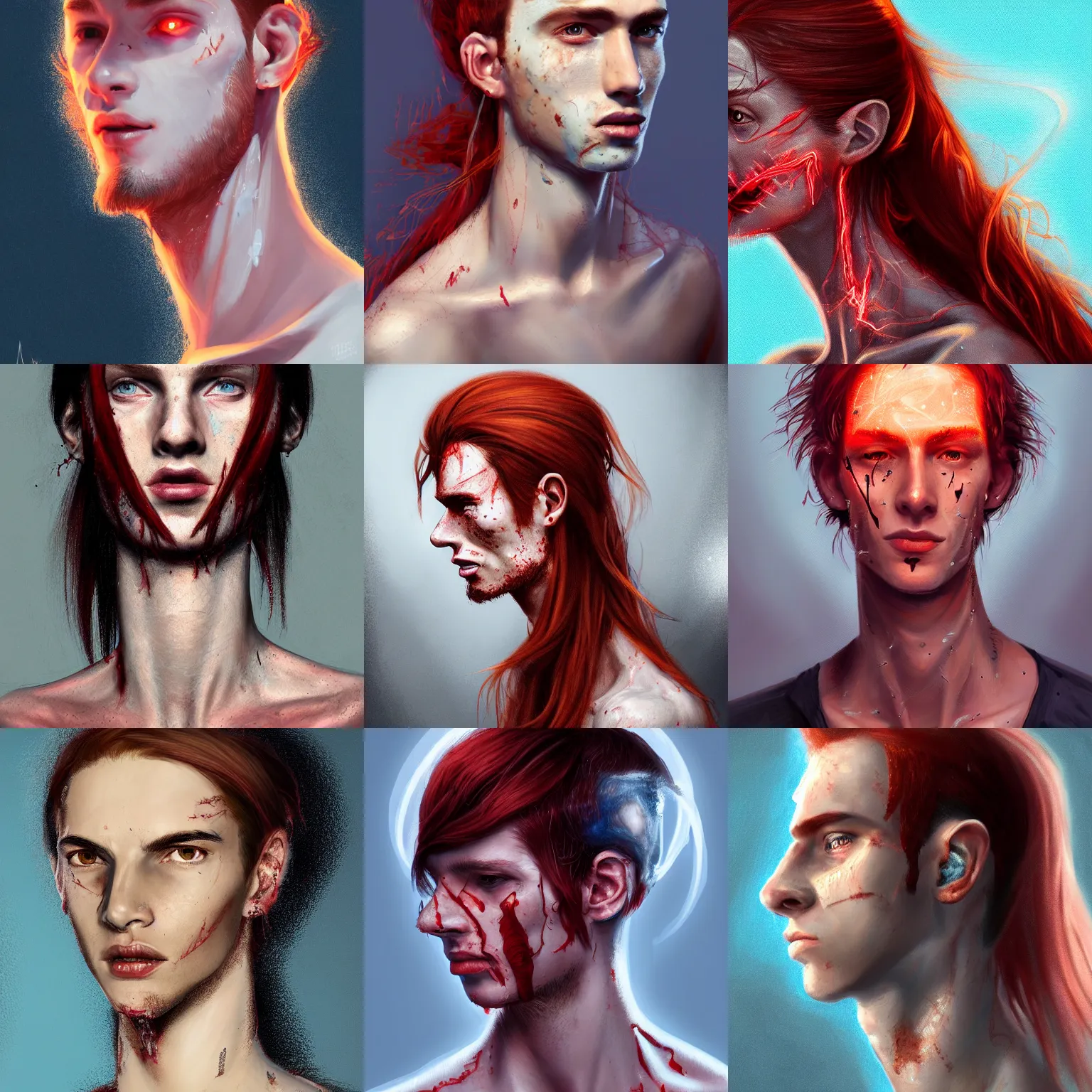 Prompt: portrait of a thin young man with long red hair, ponytail, a big scars, a lot of freckles on his face, big gash on face, an earring, intricate, elegant, glowing lights, highly detailed, digital painting, artstation, concept art, smooth, sharp focus, illustration