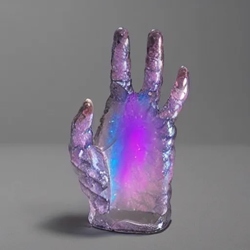 Image similar to “crystal hand sculpture made from iridescent translucent gemstone, 35 mm product photo”