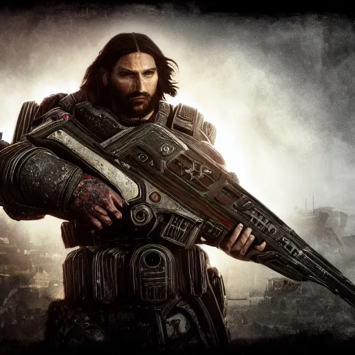 Prompt: Portrait of Jesus Christ in Gears of War, splash art, movie still, cinematic lighting, dramatic, octane render, long lens, shallow depth of field, bokeh, anamorphic lens flare, 8k, hyper detailed, 35mm film grain