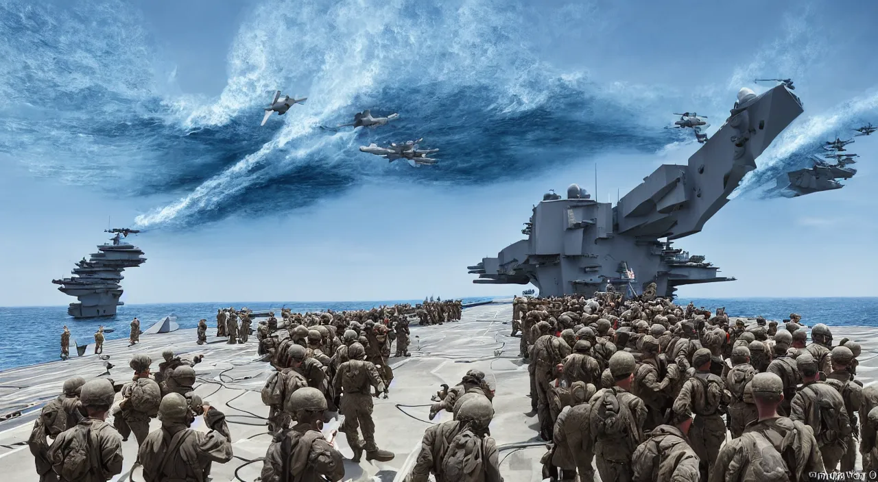 Image similar to us marines portrait in aircraft carrier, navy fleet, blue sky, high waves, highly detailed, by jimmy nelson