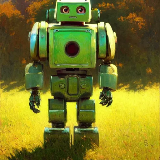 Image similar to detailed cinematic wide shot of a bad robot in a green field, cute, ultra realistic, spring light, painting by gaston bussiere, craig mullins, j. c. leyendecker