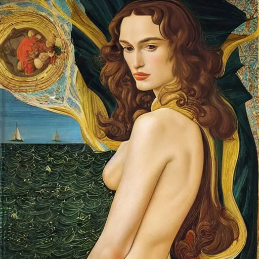 Image similar to Portrait of Keira Knightley as Venus in the painting The Birth of Venus, by Sandro Botticelli, Tempera on canvas, Clamshell