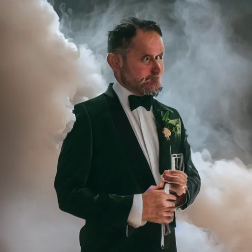 Prompt: Man wearing classy tuxedo inside cloud of smoke, Canon EOS R3, details, f/1.4, green, ISO 200, 1/160s, 8K, RAW, unedited