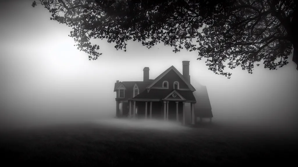 Image similar to above the house the sun, which appears a little through the fog, fog, volumetric lighting, mystique, atmospheric, conept art, sharp focus, ultra detailed, noir arthouse, 4 k, luminous details, cinematic, 3 5 mm, fujifilm