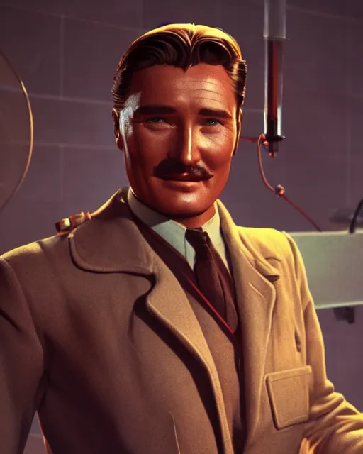 Image similar to Errol Flynn as a scientist. 1980s dystopian Soviet Russia, propaganda screens. Unreal engine, fantasy art by Gintas Galvanauskas. Faithfully depicted facial expression, perfect anatomy global illumination, radiant light, detailed and intricate environment