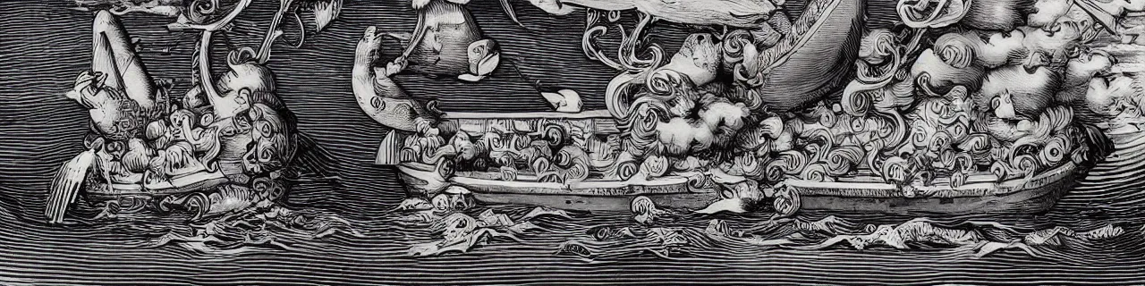 Prompt: Elaborate wallpaper print of Giant Rubber Duck attacking a boat in the Waves in the style of Albrecht Durer and Martin Schongauer, high contrast finely carved woodcut black and white crisp edges