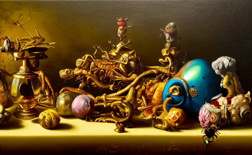 Image similar to disturbing colorful oil painting dutch golden age vanitas still life with bizarre objects strange gooey surfaces shiny metal bizarre insects rachel ruysch dali todd schorr very detailed perfect composition rule of thirds masterpiece canon 5 0 mm, cinematic lighting, photography, retro, film, kodachrome