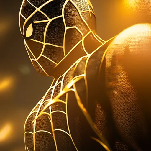 Image similar to gold spider - man suit with black web lining, cinematic, volumetric lighting, realistic, hyperdetailed, photorealistic, photograph