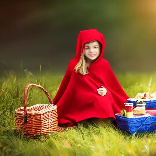 Image similar to a beautiful little girl in red hat cloak with a picnic basket rendered as an unreal engine