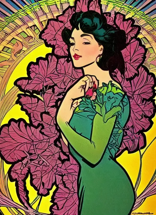 Image similar to a beautiful young woman. she is a flower fairy. well composed, clean elegant painting, beautiful detailed face. retro comic book art by steve ditko and jack kirby and ( alphonse mucha )