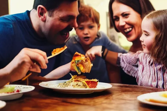 Prompt: a man taking a huge bite out of a table in the middle of dinner with his family