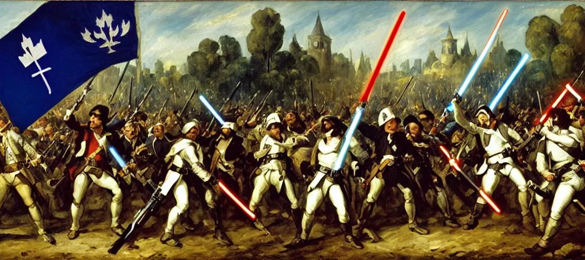 Image similar to flag, quebec fleurdelise, blue fleur - de - lis, liberty leading the people, french revolution, eugene delacroix, jedi, lightsaber, ewoks, at - st, tie - fighter, endor forest, oil on canvas