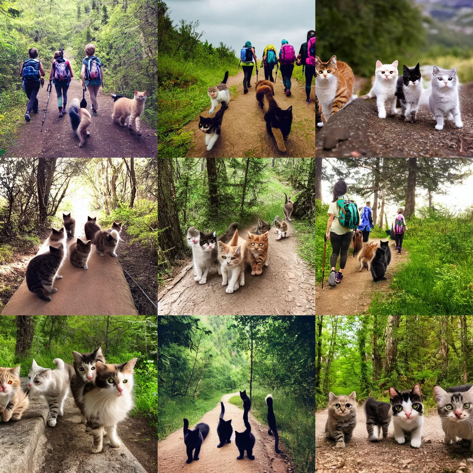 Prompt: a group of kitties going on a hiking adventure