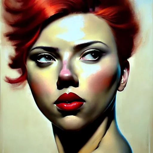 Image similar to greg manchess portrait of scarlett johansson as thick very muscular gothic weightlifter with red hair and black lipstick, fantasy medium shot, asymmetrical, profile picture, organic painting, sunny day, matte painting, bold shapes, hard edges, street art, trending on artstation, by huang guangjian and gil elvgren and sachin teng