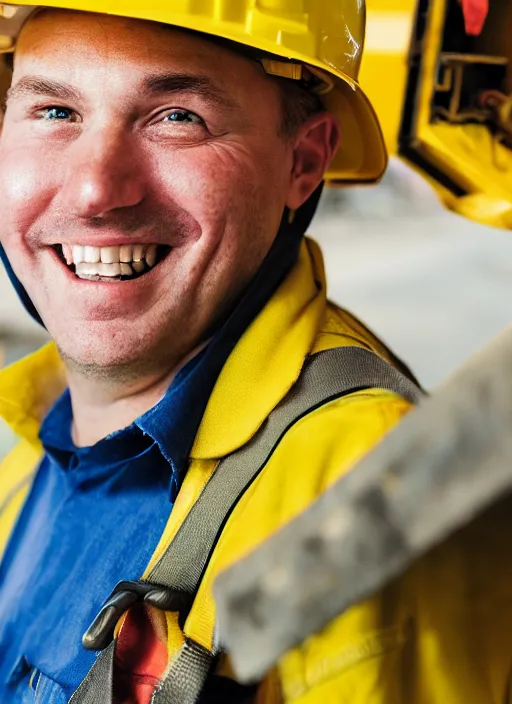 Image similar to closeup portrait of cheerful bryan craston as a crane operator, yellow hardhat, natural light, bloom, detailed face, magazine, press, photo, steve mccurry, david lazar, canon, nikon, focus