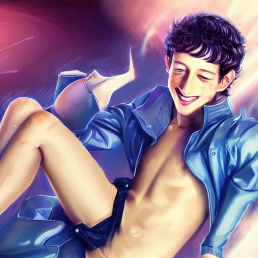 Image similar to a very beautiful young mature anime mark zuckerberg, full body, joyful smile, human emotions, robotic body, bikini, miniskirt, highly detailed, cinematic wallpaper by stanley artgerm lau