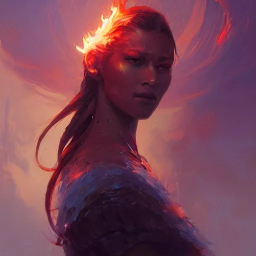 Image similar to a beautiful portrait of a flame goddess by by Greg Rutkowski and Raymond Swanland, Trending on Artstation, Flaming Background, ultra realistic digital art