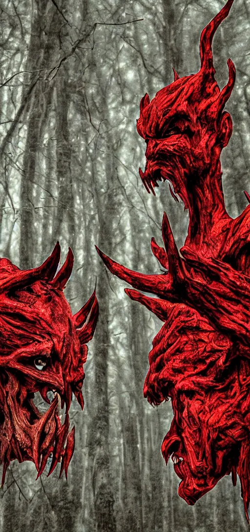 Image similar to demon heads and red trees by aaron boyd