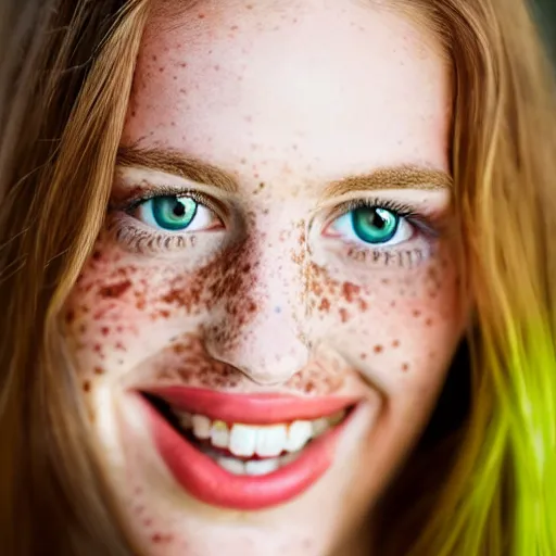 Image similar to a beautiful professional photograph from a photo shoot of a beautiful freckled female fashion model with her smiling and looking at the camera in a flirtatious way with her bright green eyes, she's is natural, easygoing and healthy, shot with nikon, leica, zeiss, 5 0 mm lens, flash fill, f 1. 8 depth of field